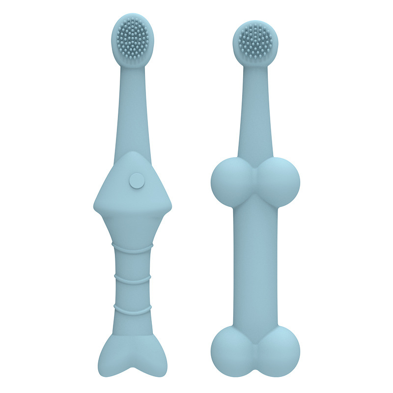 Blue handled pet toothbrush, front and back