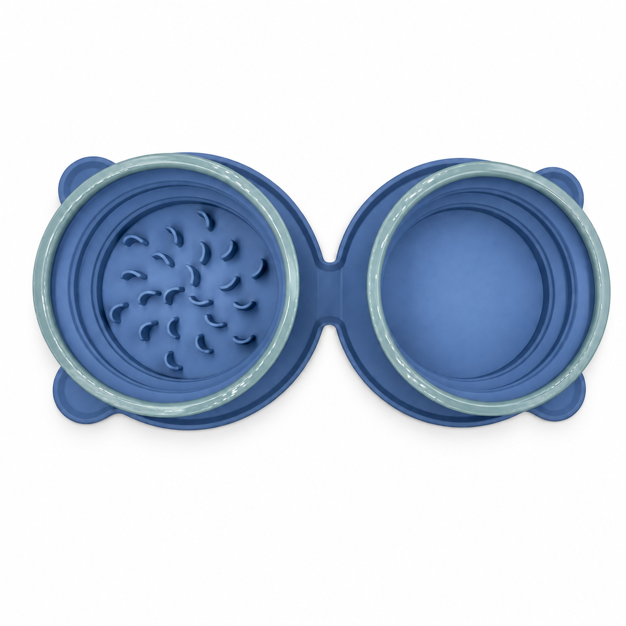 Dark blue folding double bowl, overhead view