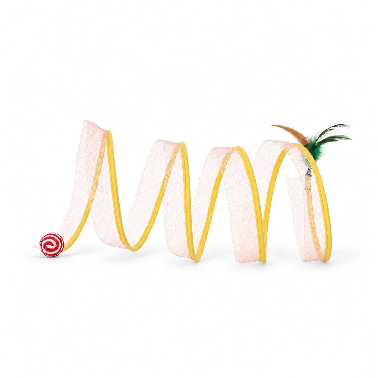 Yellow spiral cat toy with hanging attachments